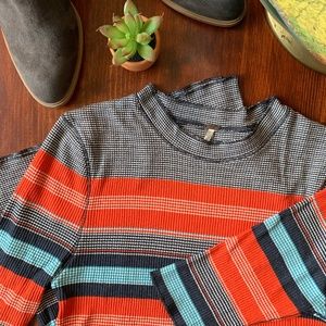 Free People Mock Neck Stretchy Ribbed Striped Top